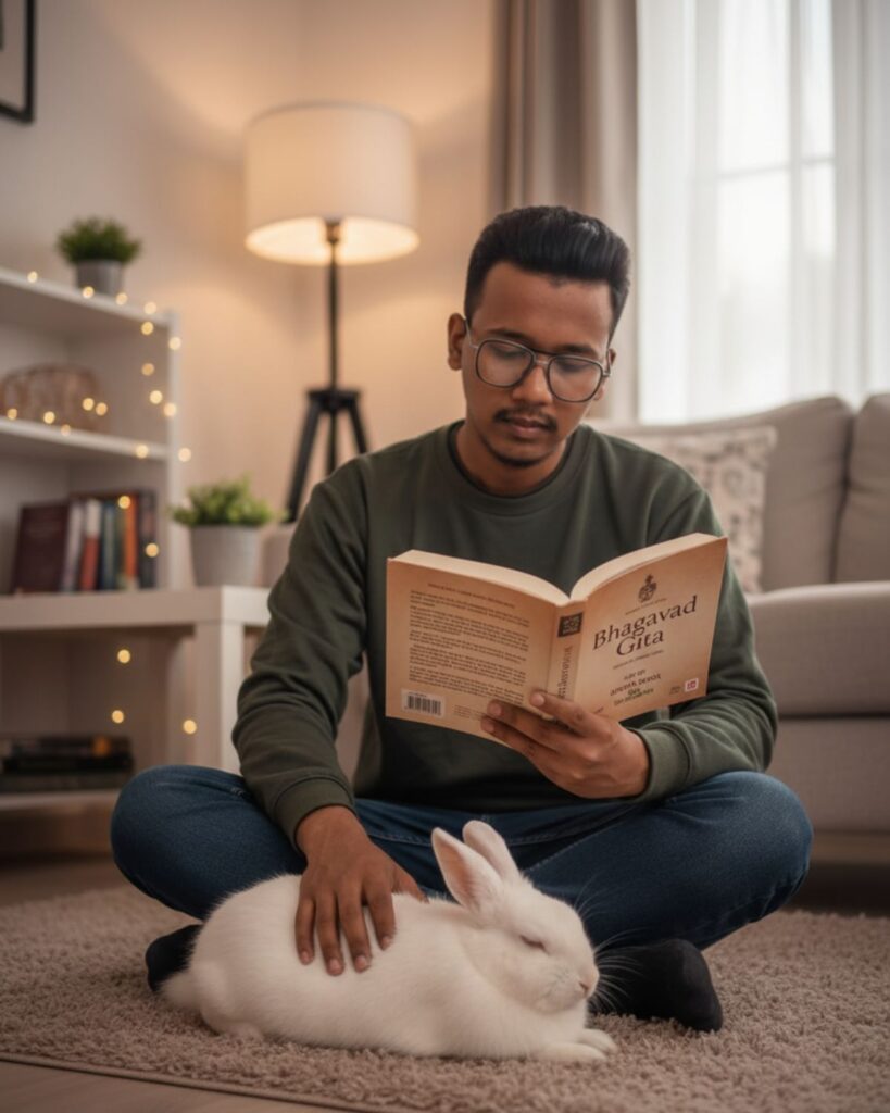 Person sitting on the floor reading next to rabbit (Pets or Introverts)