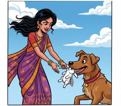 A woman snatching a rabbit from dog
