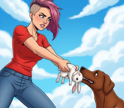 A woman snatching a rabbit from dog