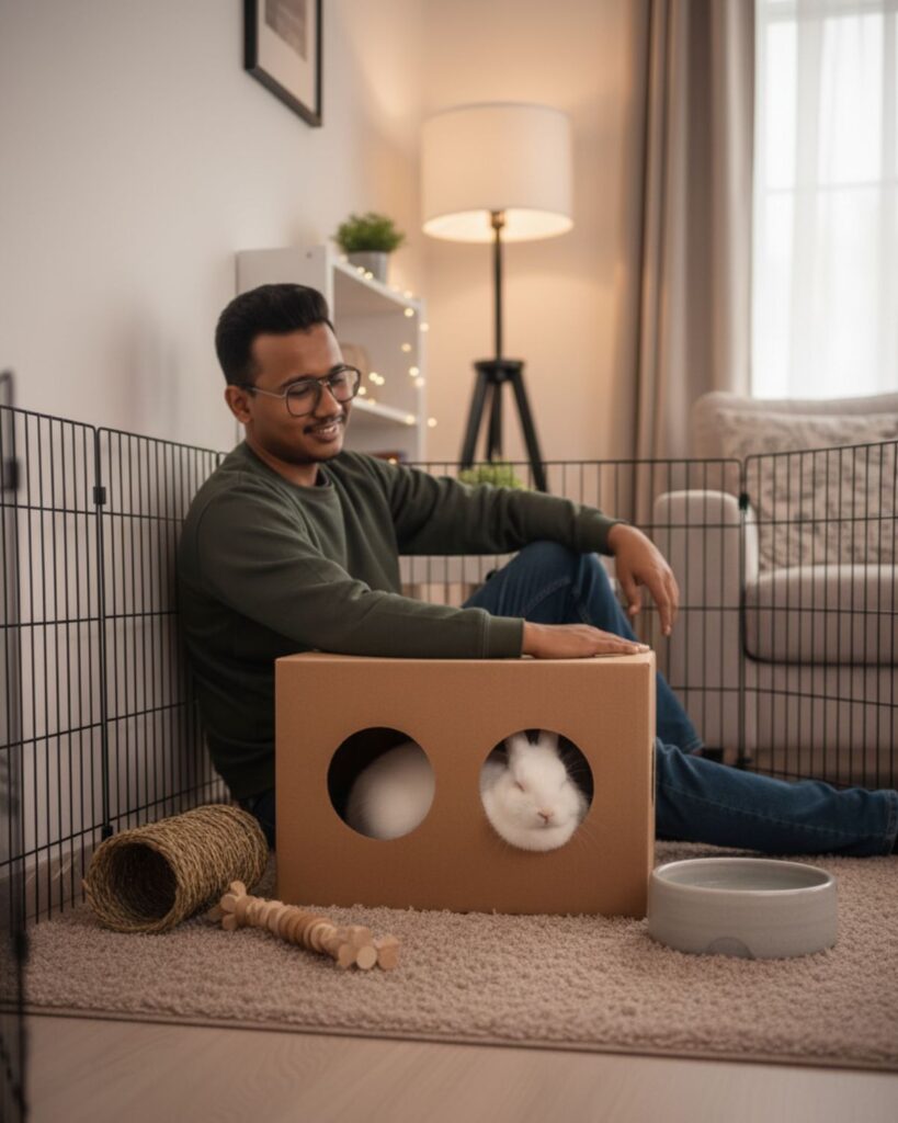  a calm home and secure hiding spots for a rabbit, featuring a person similar to you with a rabbit in a peaceful setting.