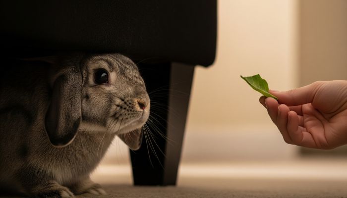 A cute rabbit hiding behind a couch