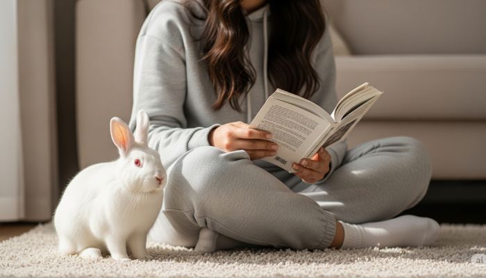 Person sitting on the floor reading next to rabbit