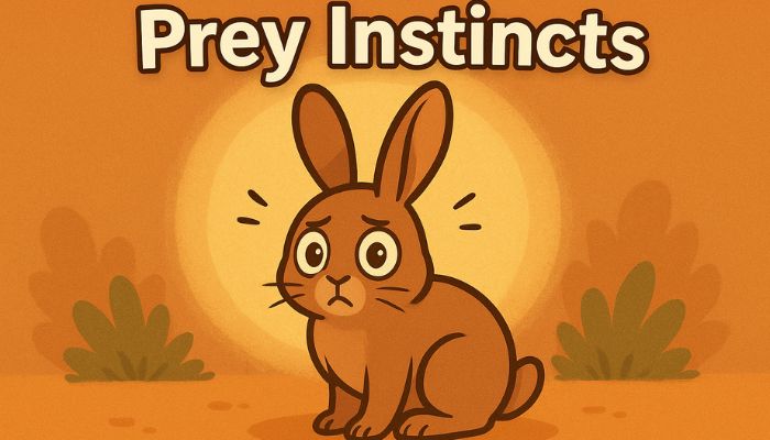 Cartoon of a small rabbit with big, nervous eyes, sitting with its ears raised — illustrating its protective, vigilant nature.