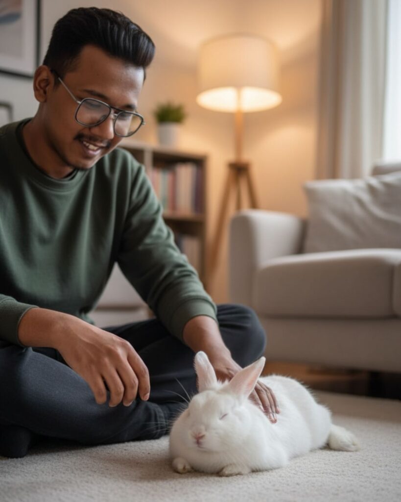a person with a similar look to you and a cute white rabbit, keeping the themes of quiet companionship, gentle interaction, and peaceful home life in mind. (Do Rabbits Make Good Pets)