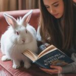 Person sitting on the floor reading next to rabbit