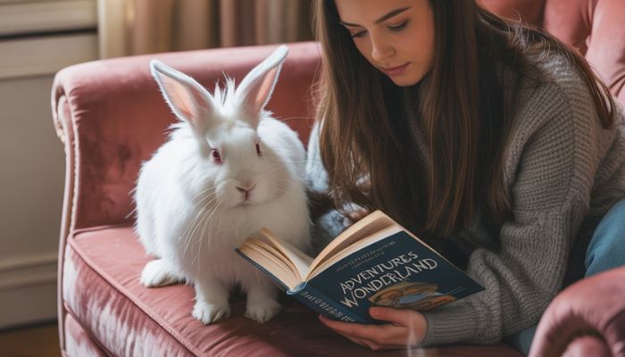 Person sitting on the floor reading next to rabbit