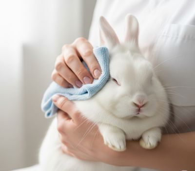 a person cleaning a rabbit