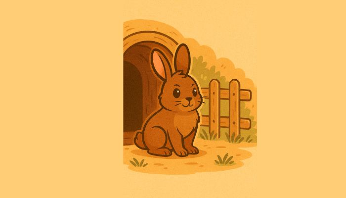 A small fence or den in the background, with the rabbit sitting in the entrance, guarding its space.