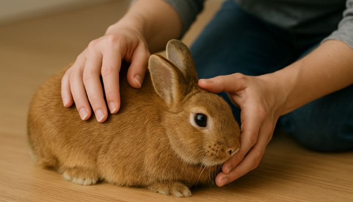 Gentle health check for rabbit staying in one place to assess wellbeing