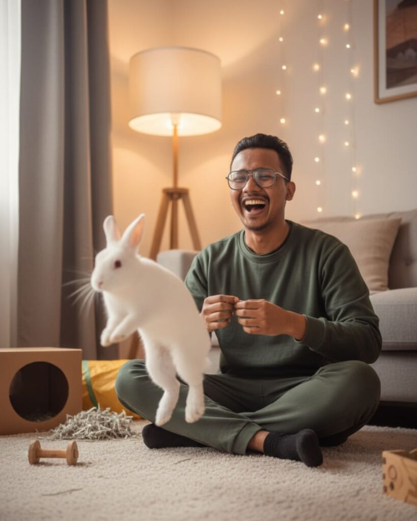 A person observing a white rabbit playing joyfully in a home environment.