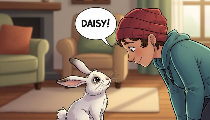 A person calling the rabbit by her name