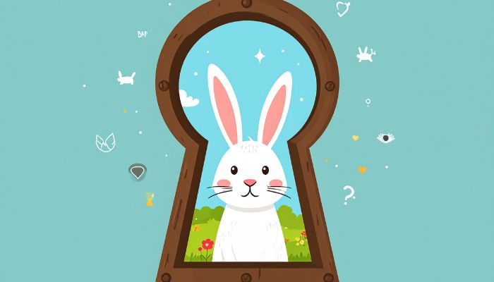 Imagine a slightly stylized or cartoonish keyhole. Peeking through the keyhole is a curious-looking rabbit, with one ear up attentively. Around the edges of the keyhole, instead of a plain border, incorporate tiny, symbolic icons of bunny body language (a binky silhouette, a thump line, a heart, question mark, relaxed eyes) as if they are the secrets being unlocked. The overall color palette could be warm and inviting, with a touch of mystery around the keyhole.