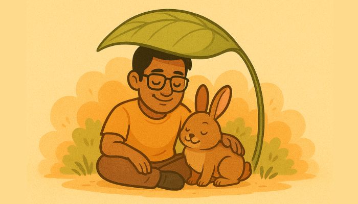 Bunny snuggling up against a person’s leg or resting its head on their hand — symbolizing loyalty and love.