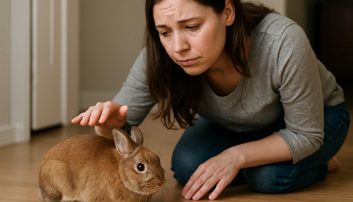 Owner checking on rabbit staying in one place looking worried