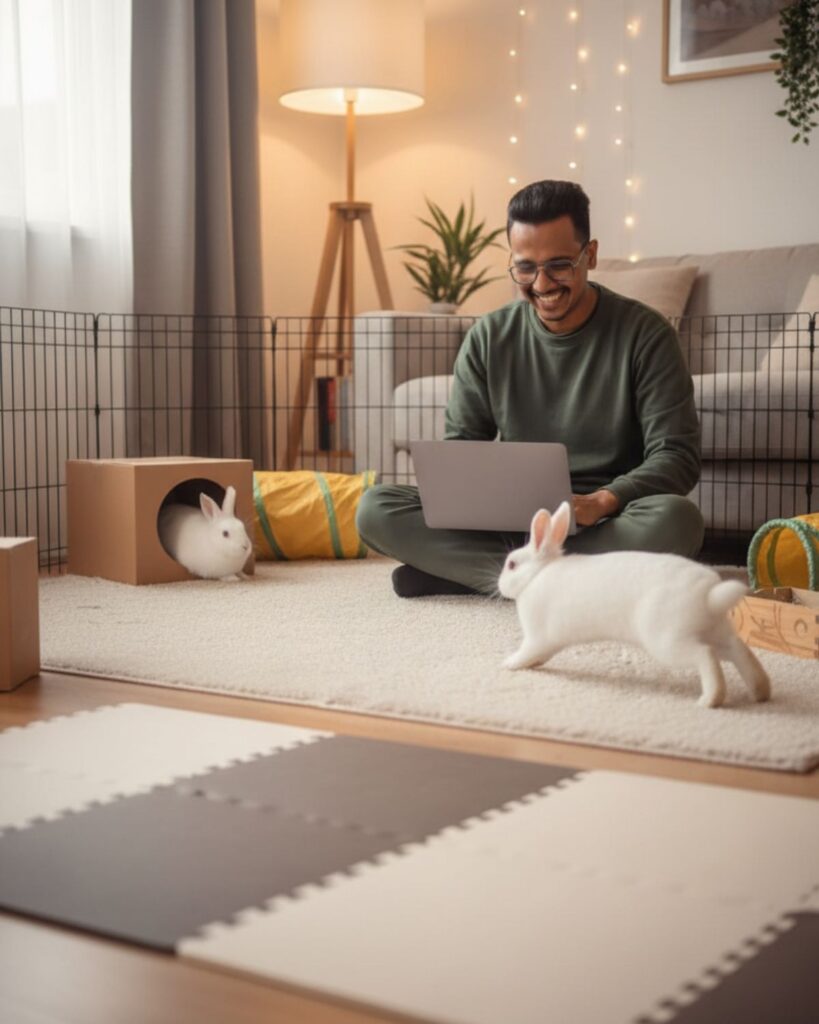 A person working on a laptop while a white rabbit explores its designated area, highlighting mutual respect for personal space. 