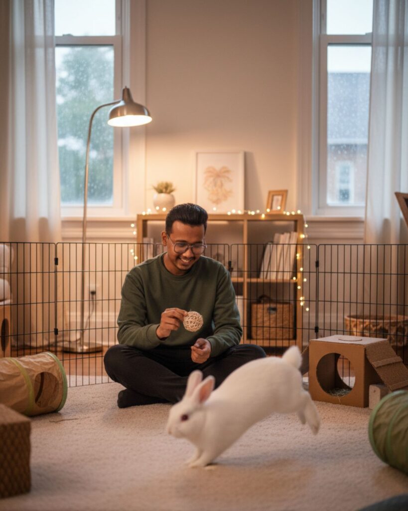 gaurav is enjoying an interactive play session with a white rabbit in a cozy, bunny-proofed indoor space. Pets for Introverts