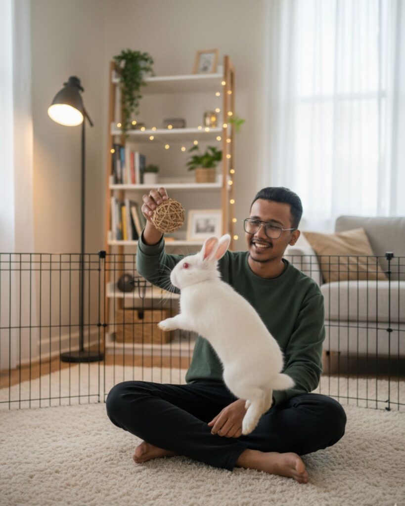 a person interacting with a white rabbit in a gentle, non-verbal way, offering a treat. (Do Rabbits Make Good Pets)