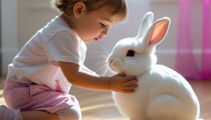 Owner brushing a long-haired rabbit