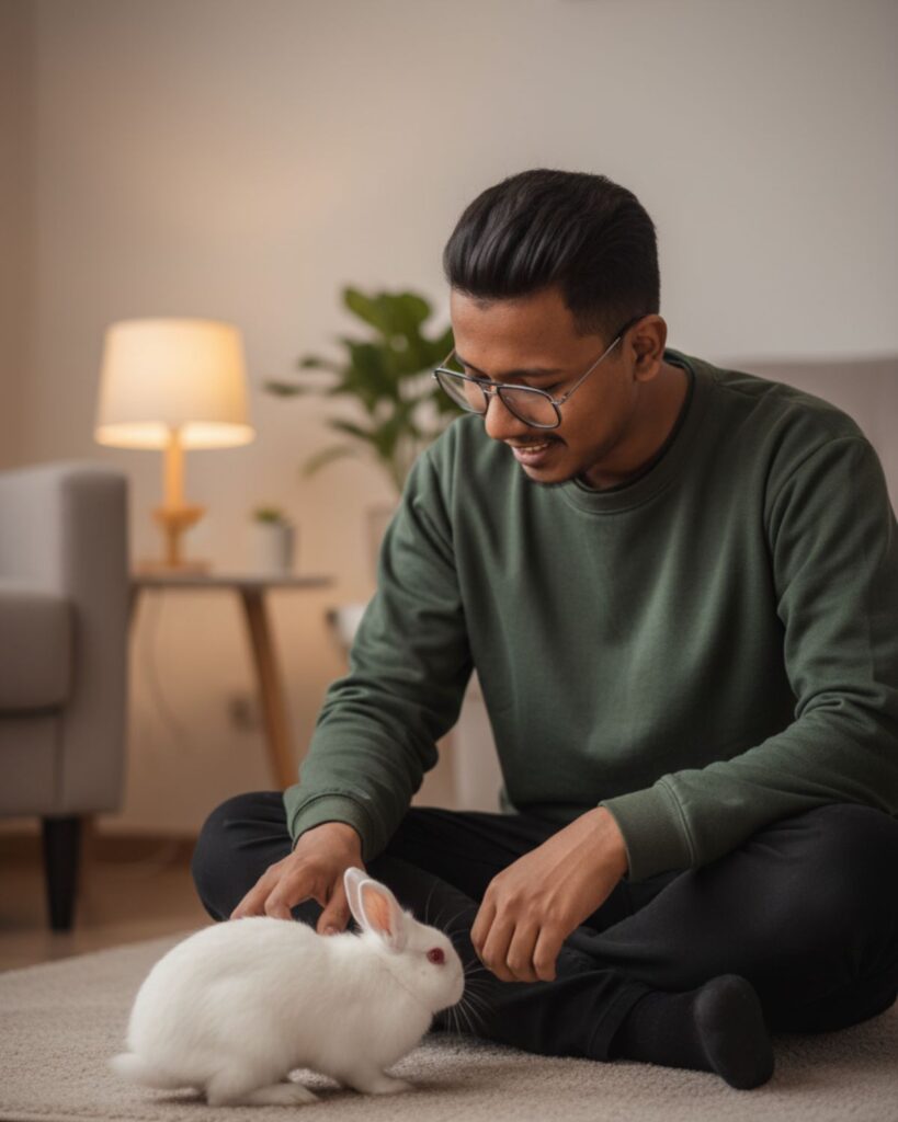 a person sitting on a rug and gently petting a rabbit in a cozy living room, emphasizing a calm and inviting atmosphere.