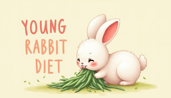 A cute, fluffy baby bunny (around 5-6 weeks old) happily eating fresh, green alfalfa hay, with a small dish of clean water nearby.