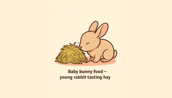 Baby bunny food – young rabbit tasting hay.