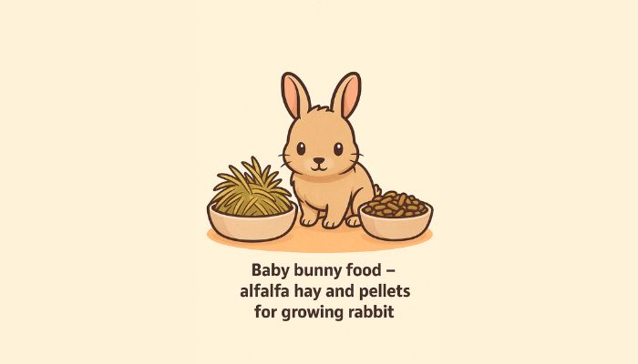 Baby bunny food – alfalfa hay and pellets for growing rabbit.