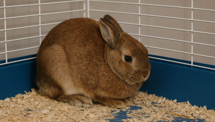 A bunny hunched in its cage, a key sign of Rabbit GI Stasis.