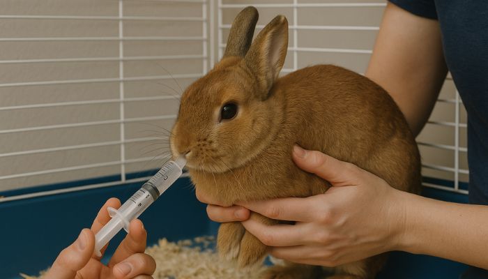 Owner offering water to a sick rabbit to help ease GI Stasis.