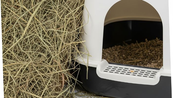 Litter box setup with hay in one corner image