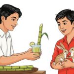 My brother handing sugarcane juice and receiving rabbits (illustration or symbolic).