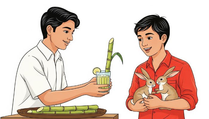 My brother handing sugarcane juice and receiving rabbits (illustration or symbolic).