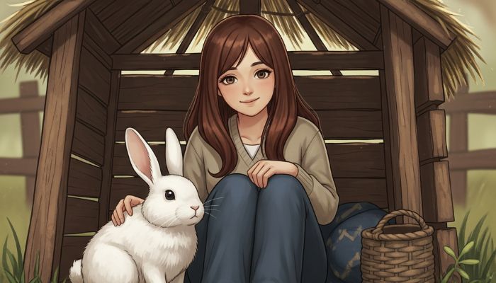 An illustration of a person and a rabbit sitting together under a small “shelter”—like a leaf, umbrella, or little hut — emphasizing the feeling of safety and refuge.
