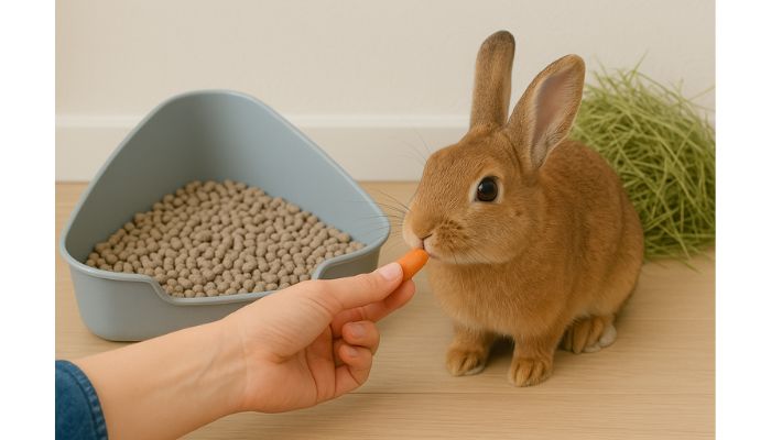 Hand giving treat to bunny for using litter box