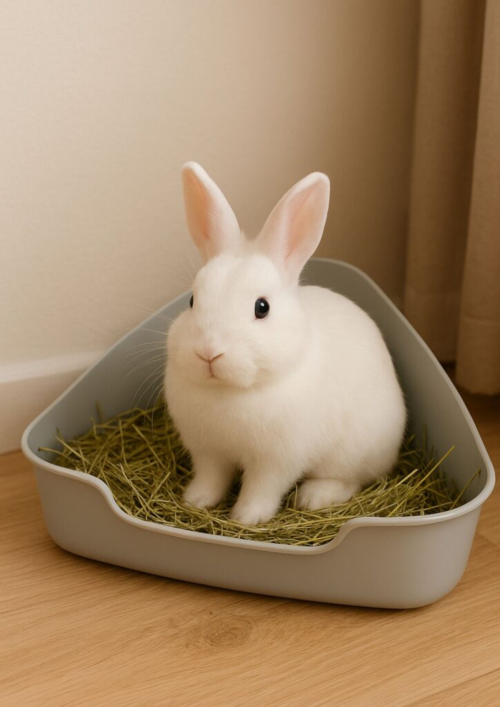 White bunny sitting in litter box with hay in indoor setting