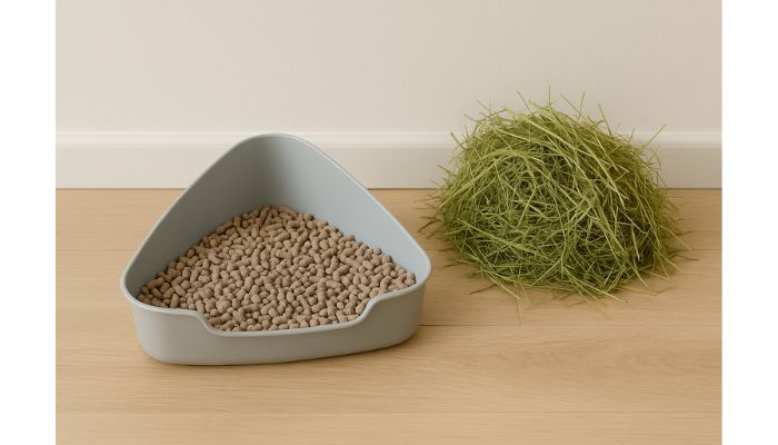 Rabbit litter box with paper litter and hay