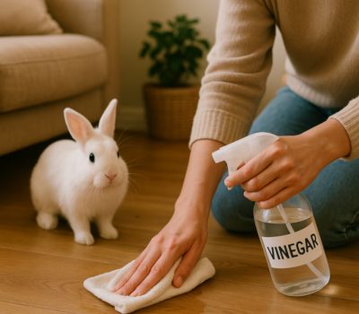 Cleaning bunny pee with cloth and vinegar spray