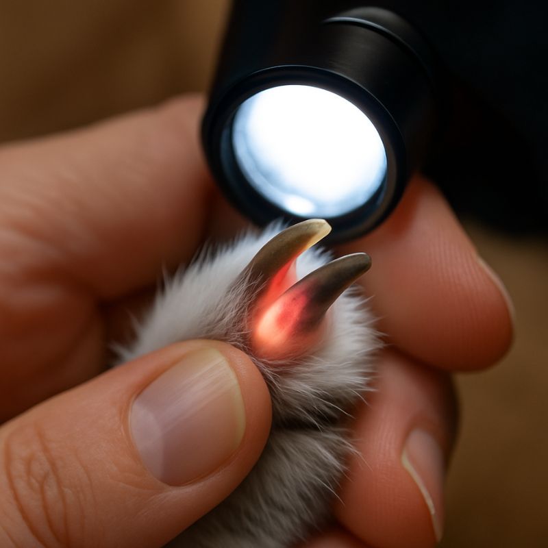 Close-up of a rabbit paw showing how to trim rabbit nails using a flashlight to locate the quick