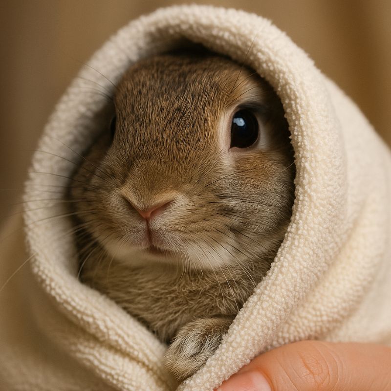 Rabbit wrapped securely in a towel burrito style for safe and stress-free nail trimming