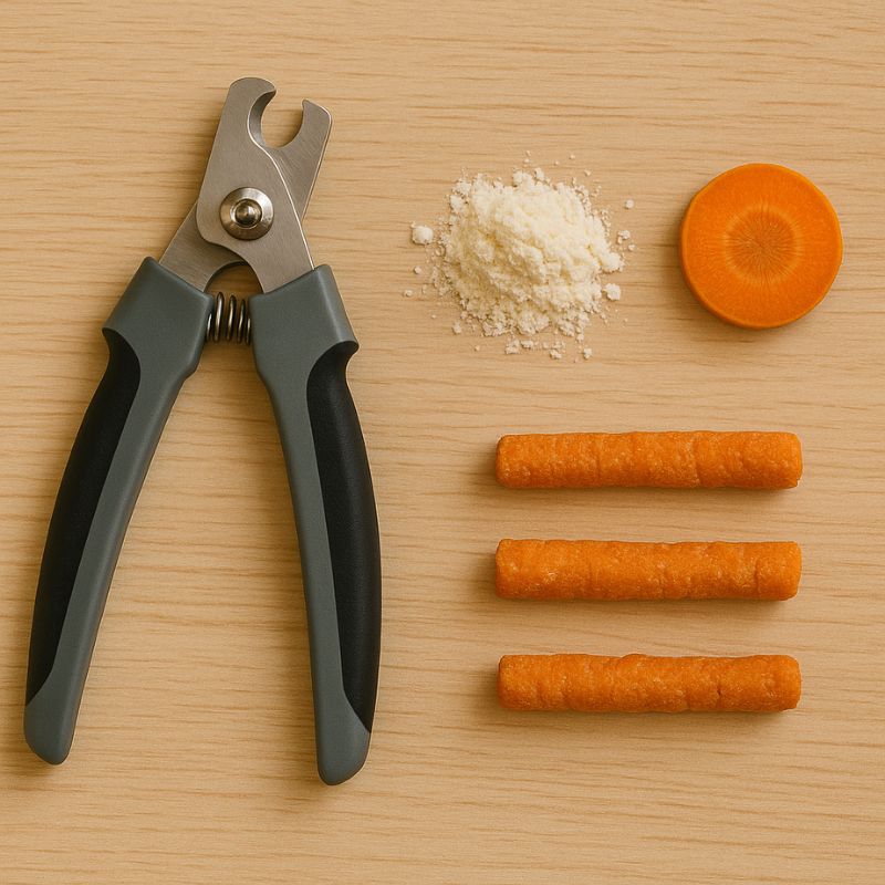 Essential tools to trim rabbit nails: clippers, cornstarch for bleeding, and bunny treats